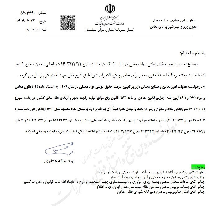 حقوق دولتی مواد معدنی در سال ۱۴۰۴ ابلاغ شد