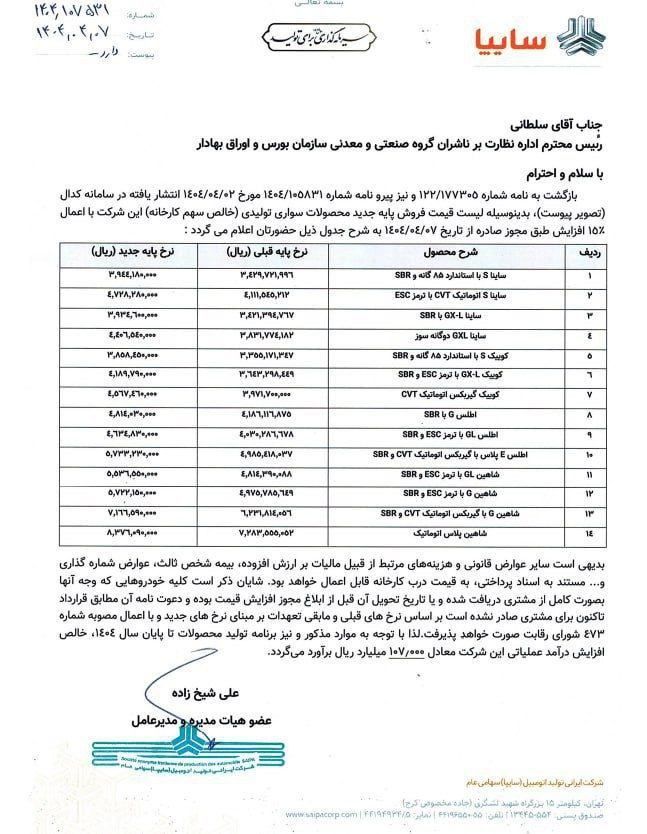 قیمت جدید خودروهای سایپا اعلام شد؛ از ۳۸۵ تا ۸۳۷ میلیون تومان